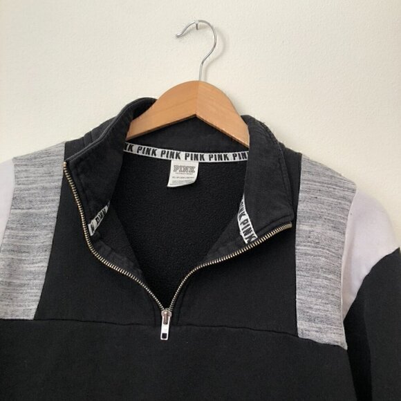 PINK VS VICTORIA'S SECRET Black White Gray Colorblock 1/4 Zip Logo Sweatshirt XS - Picture 2 of 6